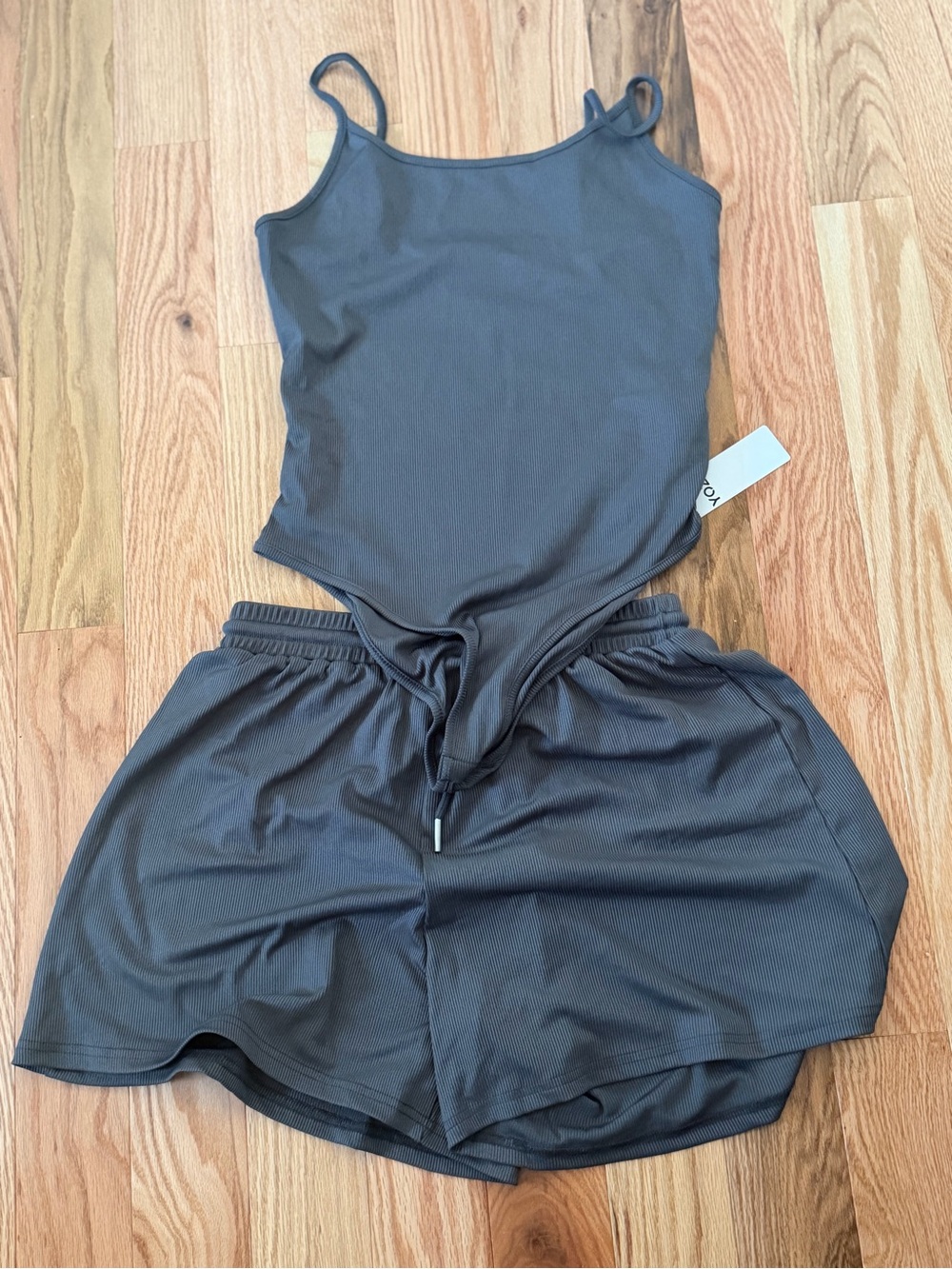Yozy Ribbed Charcoal Grey Tank Bodysuit & Shorts Set